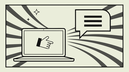 Poster - Illustration of a laptop with a pointing hand and speech bubble on a retro background