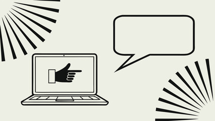 Poster - Laptop with pointing hand and speech bubble on a light background with abstract sunbursts