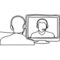 Poster - Line art featuring person in video conference using headset and computer screen. Person in video conference setting displays simple, single-line aesthetic.