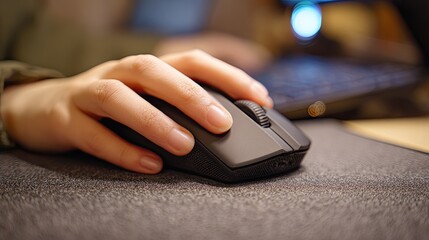 Close-up of hand using a black computer mouse