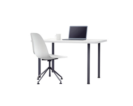 Minimalist desk with laptop and mug, sleek white chair with wheels, modern workspace, clean background, concept of office setup. 3D Rendering.