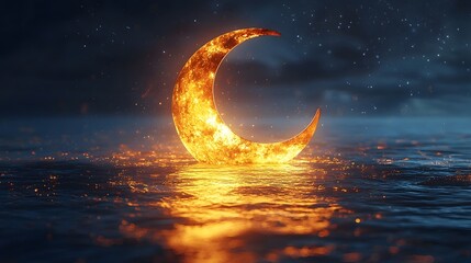Wall Mural - Glowing crescent moon reflected on tranquil waters