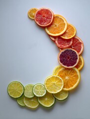 Poster - Mosaic of Sliced Citrus Fruit Creating a Vibrant Semi-Circle Design on a Light Background