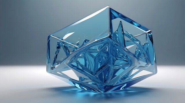 A transparent blue crystal geometric shape reflects light and shadow, creating a modern and abstract design element