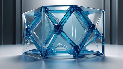 Poster - A transparent blue crystal geometric shape reflects light and shadow, creating a modern and abstract design element on a reflective surface