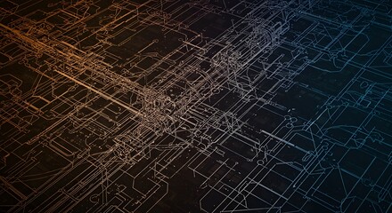 Leinwandbilder - Abstract network illustration featuring interconnected lines and circuits, transitioning from warm orange tones to cool blue hues on a dark background.