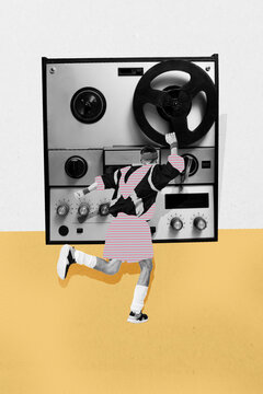3D collage poster template trend artwork sketch of night carefree clubber occasion rest obsolete technology radio recorder young man dance