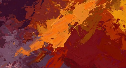 Fototapete - Abstract painting with bold brushstrokes in warm hues of orange, yellow, and red blending into cooler tones of purple and brown.