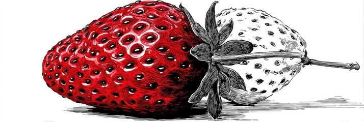 Poster - Black-and-white Artwork of Strawberries Featuring Red Seeds With a Clean Side Zone for Design Clarity
