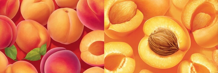Poster - Peach and Apricot Halves Create a Vibrant Seamless Pattern With Untouched Section in the Top-Right Area, Showcasing Delicious Summer Fruits