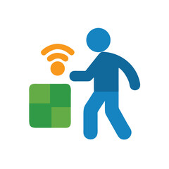 Fototapete - Blue person approaching green box with orange wifi signal icon on vector