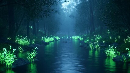 Wall Mural - Bioluminescent flora casts an ethereal glow on a tranquil stream flowing through a mysterious forest at twilight, creating a magical and otherworldly ambiance