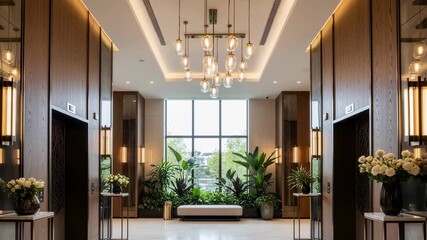 Leinwandbilder - Modern hotel lobby featuring sleek elevators, a large window allowing natural light to highlight lush plants, stylish lighting fixtures, and an inviting atmosphere for guests