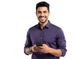 © ARNIKA ISLAM - Young handsome man in dark purple shirt using smartphone isolated on transparent background.