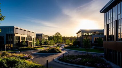 Poster - Ecofriendly office park at sunset combining modern architecture with natural landscaping elements for a tranquil work environment.