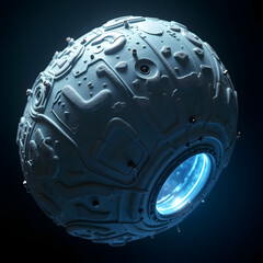 Fototapete - A spherical, futuristic object with intricate surface details and a glowing blue light emanating from a central opening.