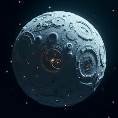 Fototapete - A futuristic, detailed celestial body with intricate structures and glowing elements, floating in space.
