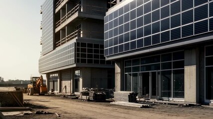 Poster - Construction site featuring a modern building with integrated solar panels, showcasing sustainable building practices and renewable energy solutions in urban development