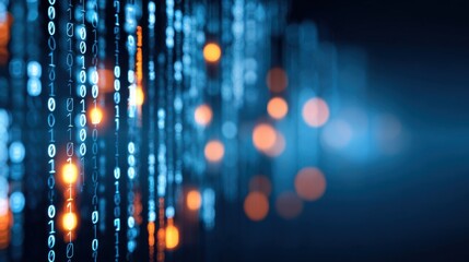 Abstract digital data stream with glowing binary code and futuristic light effects.