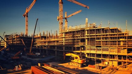 Poster - Modern building structural development with heavy machinery and scaffolding
