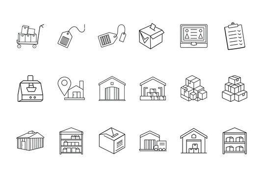 Warehouse inventory icons including boxes tags buildings delivery cart graphic outline