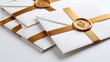 © AI Images - Elegant wedding invitations with gold wax seals and satin ribbons on white envelopes.