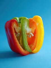 Poster - Vivid Still Life of Sliced Bell Peppers Showcases Bright Colors and Fresh Texture Against a Clean Blue Background