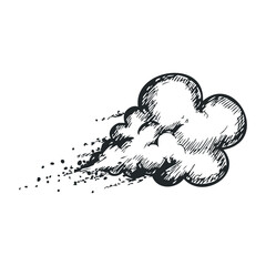 Sketch of fast-moving cloud with wind and droplets in black and white. Hand draw vector illustration