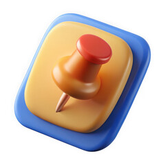 Poster - 3d rendered pushpin with red top pinned to yellow and blue paper isolated on transparent background