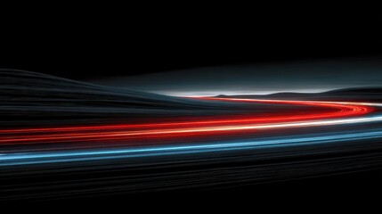 Poster - Dynamic light trails of red and blue streak across the dark landscape, creating a captivating sense of motion and futuristic energy, perfect for a modern setting.