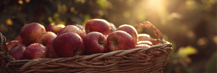 Poster - Organic Apples Basking in Morning Sunlight in a Woven Basket Amidst a Serene Orchard Setting