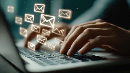 Poster - Digital Correspondence: A close-up shot of hands gracefully typing on a laptop keyboard, surrounded by floating email icons.