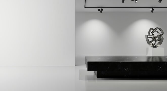 Spacious art gallery interior with white walls, track lighting, and a modern metal sculpture. Empty exhibition hall for display, with copy space