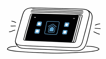 Illustration of a smart home control panel with a house icon and circular buttons on a black screen