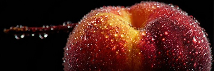 Poster - Close-up of a Peach With Droplets of Water Enhancing Its Texture and Color Against a Dark Backdrop