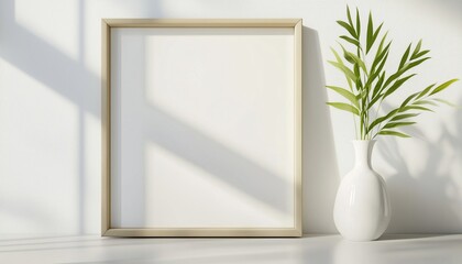 Poster - Close-Up Mock-Up Frame In Home Interior With Plant In Vase: High-Quality Render Of A Decorative Element In Domestic Setting.