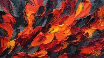 Poster - Fiery Abstract Painting with Impasto Texture in Red Orange and Black Tones Expressive Art