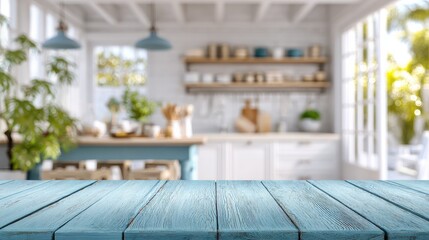 Poster - blue Empty wooden table with the bright white interior minimal of the kitchen as a blurred background behind the bokeh golden sunshine