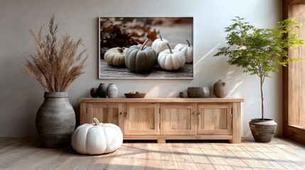 Poster - Watercolor painting features pumpkins in various sizes and colors on a wooden sideboard in a cozy, farmhouse-style setting