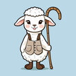 © Diyal - Adorable Sheep Vector Illustration: A charming cartoon sheep character with a staff, presented in a cute and whimsical style, ideal for children's books, educational resources, and decorative