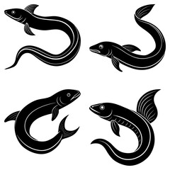 Poster - Illustration of four black eels in different poses on a white background, aquatic animals in vector format