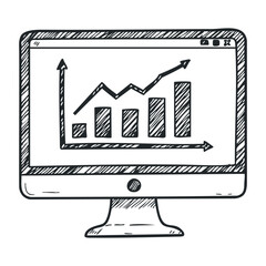 Fototapete - Hand-drawn computer monitor with rising bar and line graph display. Hand drawn vector illustration