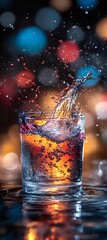 Poster - Dynamic splash in glass with amber liquid against colorful bokeh background, frozen motion capturing droplets and ripples in dramatic lighting. Perfect for beverage advertising.