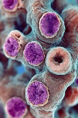 Poster - Microscopic view of bacterial cells in purple and coral colors against turquoise background, showing detailed cellular structure for medical and scientific visualization.