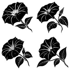 Leinwandbilder - Four stylized black morning glory flowers with leaves and buds in a symmetrical arrangement design