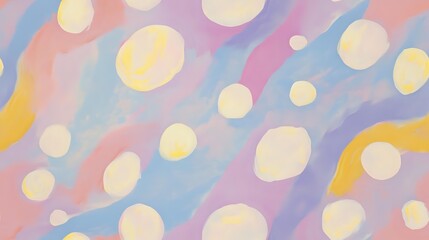 Poster - Dreamy pastel background with floating luminous circles in soft pink, blue, and yellow creates ethereal bokeh effect, suitable for romantic and whimsical designs.