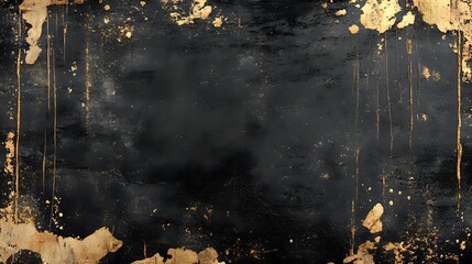Poster - Dark grunge background with gold paint splatter and drips along edges, rich black texture with vintage worn effect and metallic accents for luxury design projects.