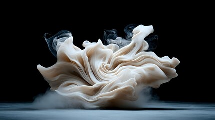 Poster - Ethereal white fabric floating in dark space with delicate smoke tendrils creating dynamic movement and flow, artistic abstract composition on black background.