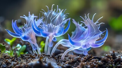 Poster - Luminescent blue mushrooms growing in dark soil with delicate translucent tendrils creating magical forest atmosphere. Macro photography captures ethereal glow and intricate details.
