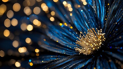 Poster - Vibrant blue flower petals radiating outward with golden bokeh lights in background creating magical atmosphere. Macro photography reveals delicate details and sparkles.